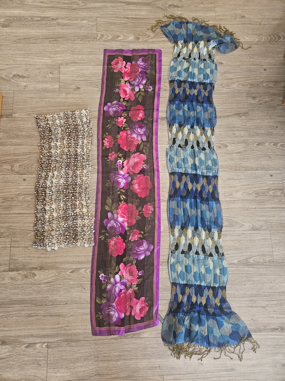 Three Decorative Scarves - Floral Pink, Blue Geometric, Neutral Tweed